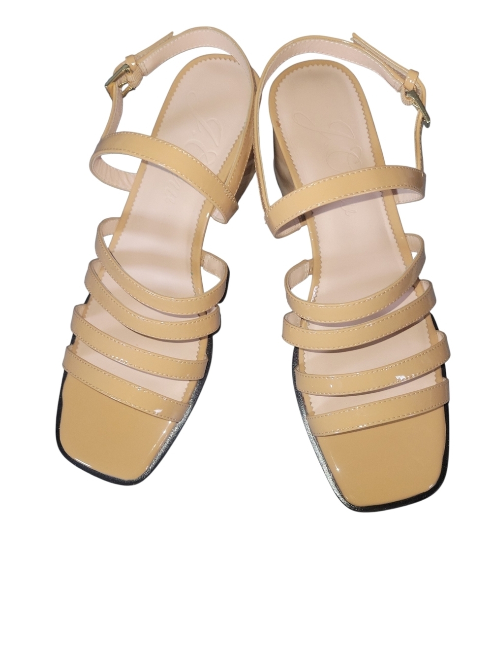 J. Crew Dylan Tan Strappy Women’s Block-Heel Patent Leather Buckle Strap Sz 10